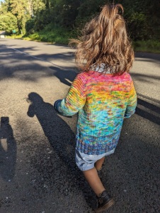 A one and a half year old wearing a pink to yellow to blue to purple faded knit sweater is walking away from the camera.